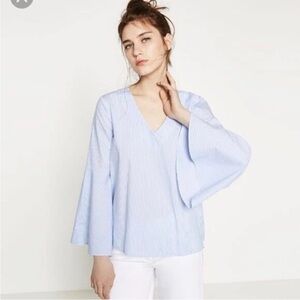 Zara Blue & White Stripe Bell Sleeve Top Size Medium $49